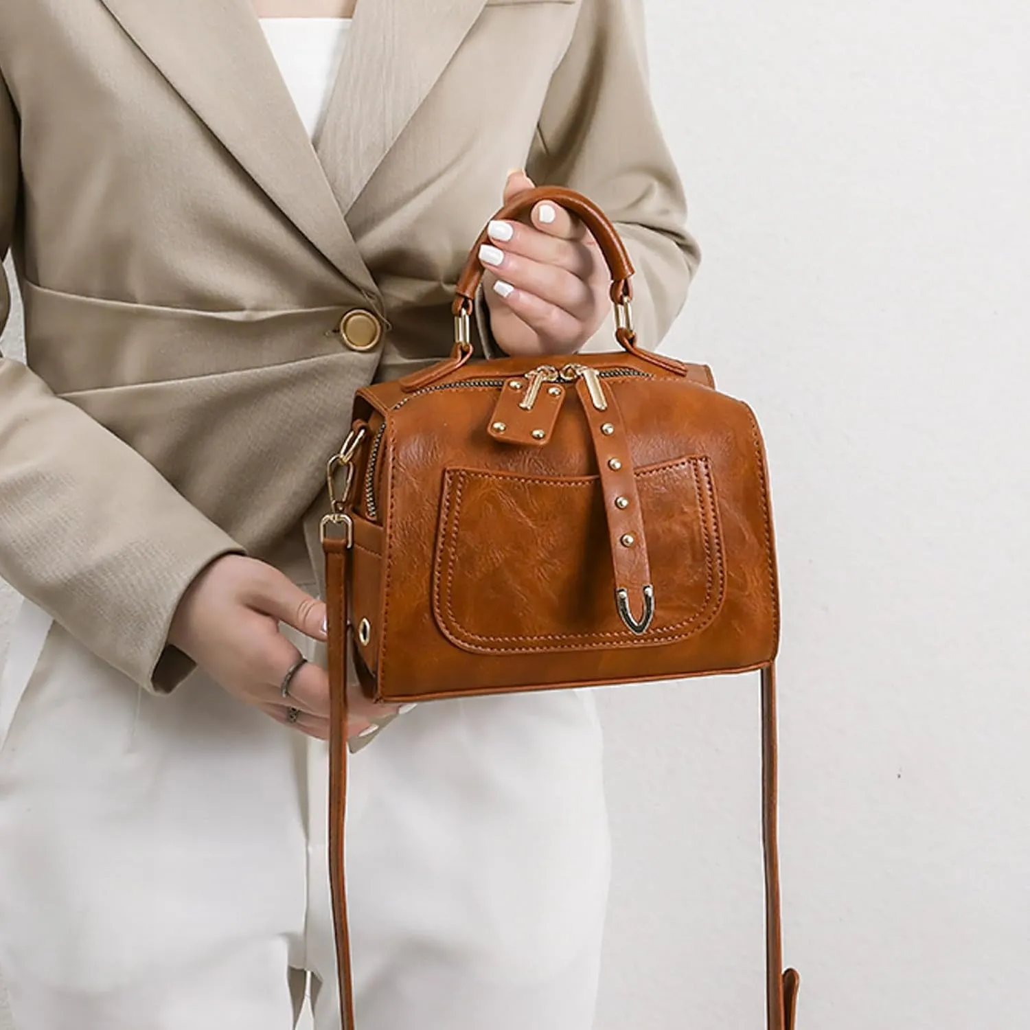 Women's Classic Satchel Bags Work Tote Bags with Strap Vintage Top-Handle Handbags Multi Compartment Purse(Brown)