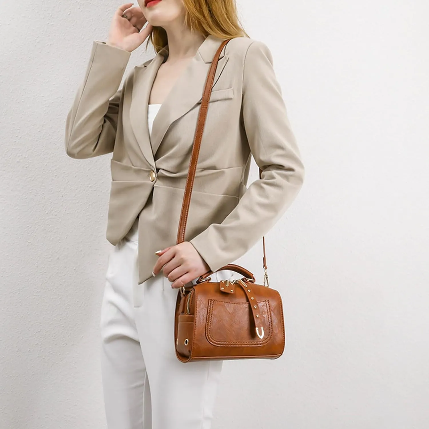Women's Classic Satchel Bags Work Tote Bags with Strap Vintage Top-Handle Handbags Multi Compartment Purse(Brown)