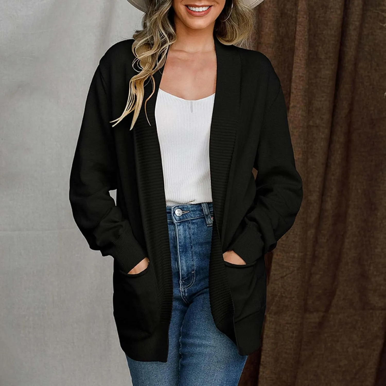 Women's Fall Lightweight Open Front Cardigans with Pockets Long Sleeve Soft Oversized Knit Casual Sweaters Outwear