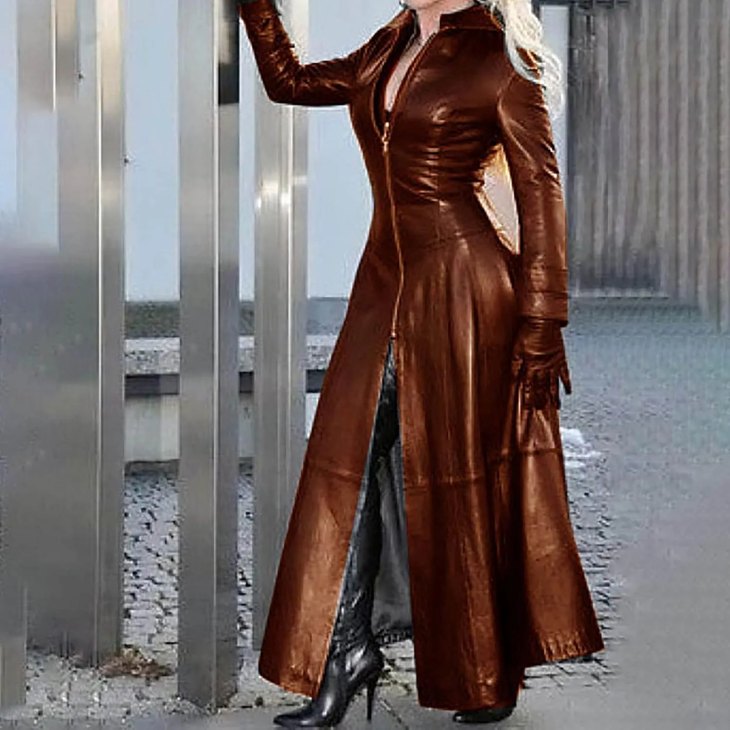 Women's Fashion Windbreaker Jacket Sexy Imitation Leather Coats Winter Zip Up Long Trench Coat Solid Overcoat