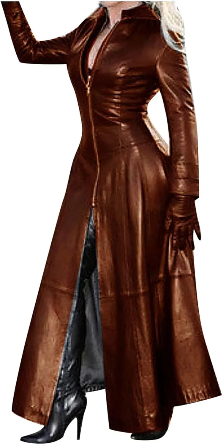 Women's Fashion Windbreaker Jacket Sexy Imitation Leather Coats Winter Zip Up Long Trench Coat Solid Overcoat