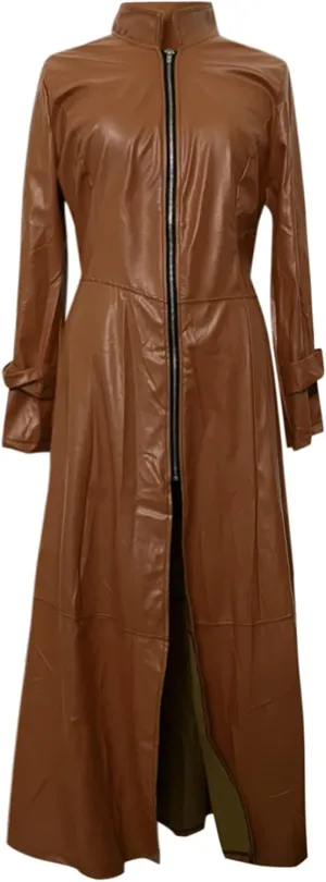 Women's Fashion Windbreaker Jacket Sexy Imitation Leather Coats Winter Zip Up Long Trench Coat Solid Overcoat