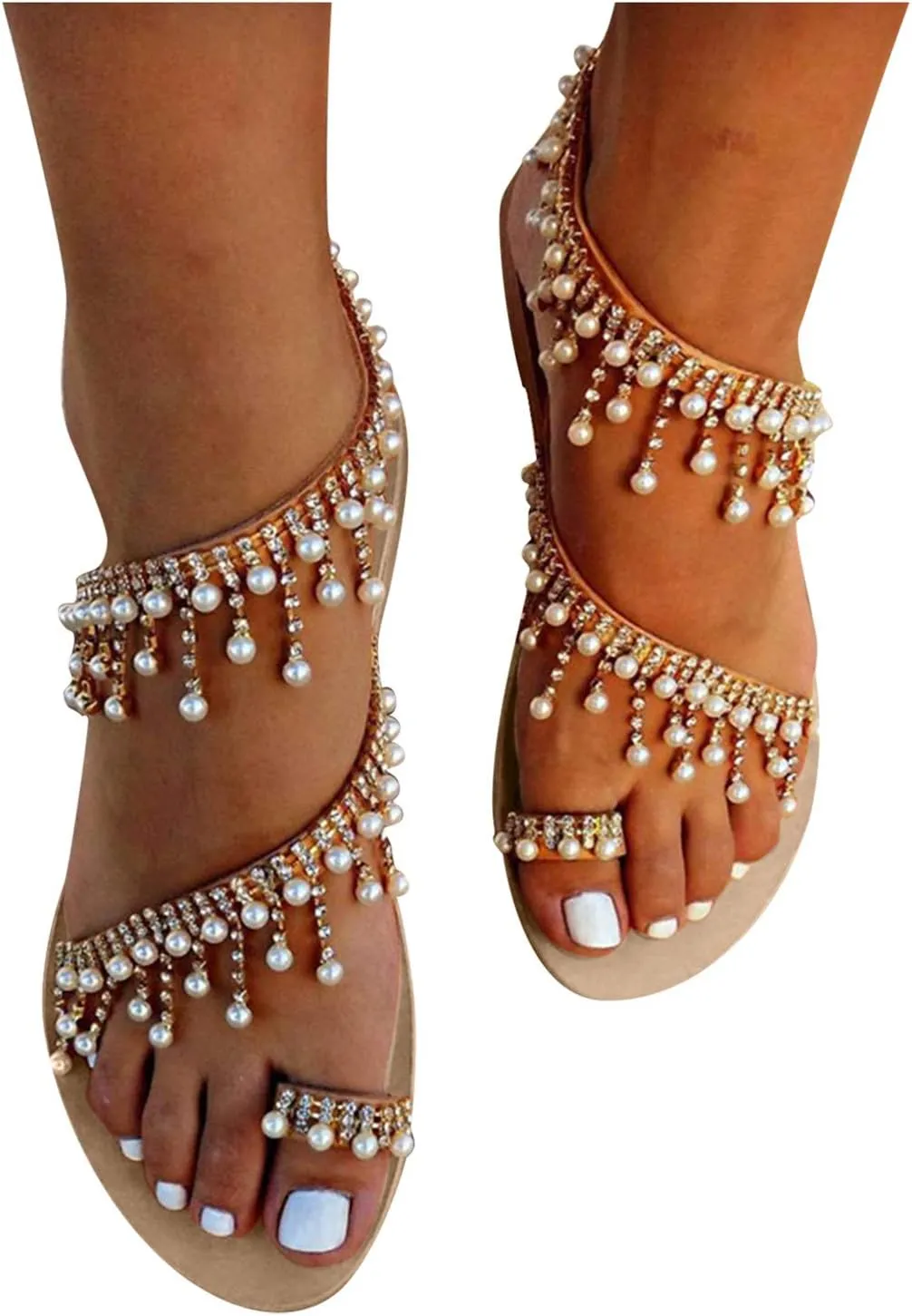 Women's Flat Crystal Pearl Decorate Sandals Solid Color Casual Ring Toe Fashion Wedge Casual Shoes Beach Sandals