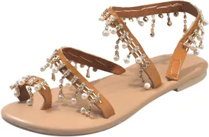 Women's Flat Crystal Pearl Decorate Sandals Solid Color Casual Ring Toe Fashion Wedge Casual Shoes Beach Sandals
