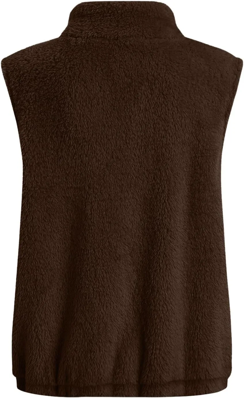 Womens Fleece Vest Lightweight Sleeveless Sherpa Jackets Casual Warm Zipper Vest Winter Outerwear with Pockets