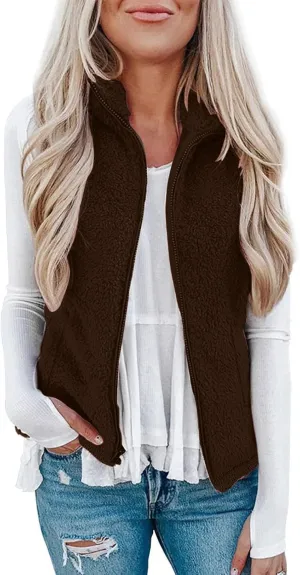 Womens Fleece Vest Lightweight Sleeveless Sherpa Jackets Casual Warm Zipper Vest Winter Outerwear with Pockets