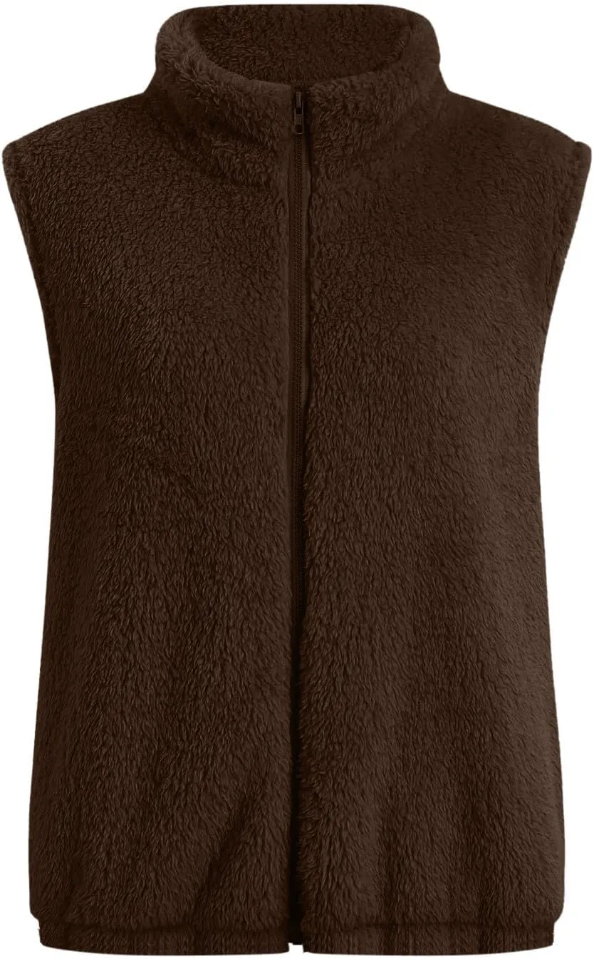 Womens Fleece Vest Lightweight Sleeveless Sherpa Jackets Casual Warm Zipper Vest Winter Outerwear with Pockets