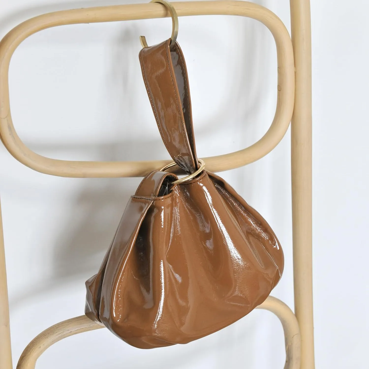 Women's Glossy Clutch Patent Vegan Leather Hobo Top Handle Bag Small Tote