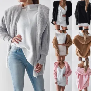 Womens Hooded Fluffy Winter Cardigan Overcoat
