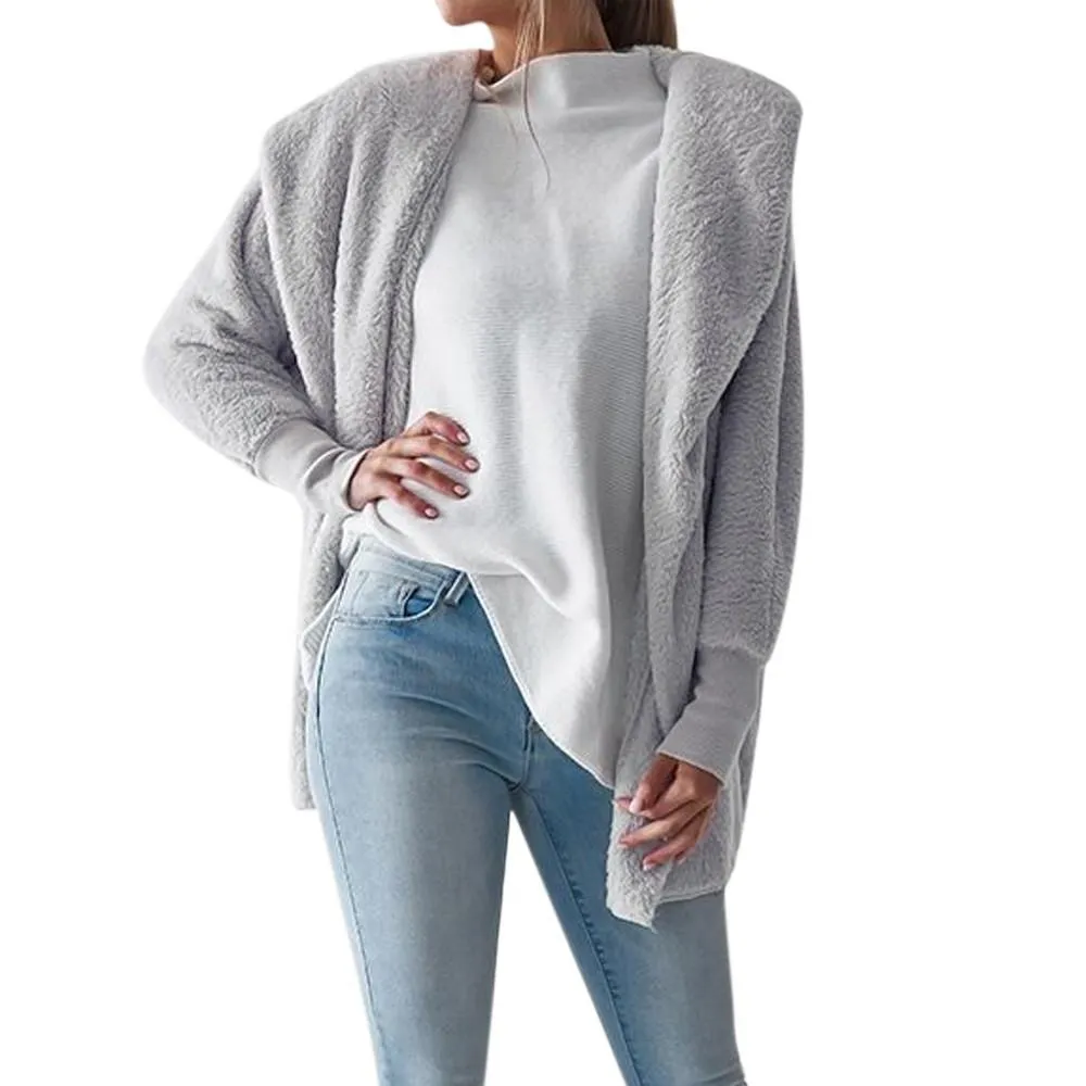 Womens Hooded Fluffy Winter Cardigan Overcoat