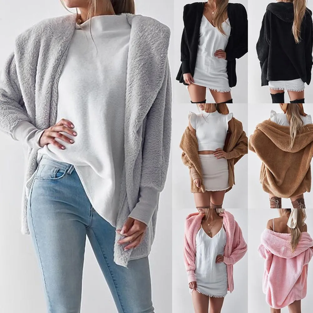 Womens Hooded Fluffy Winter Cardigan Overcoat