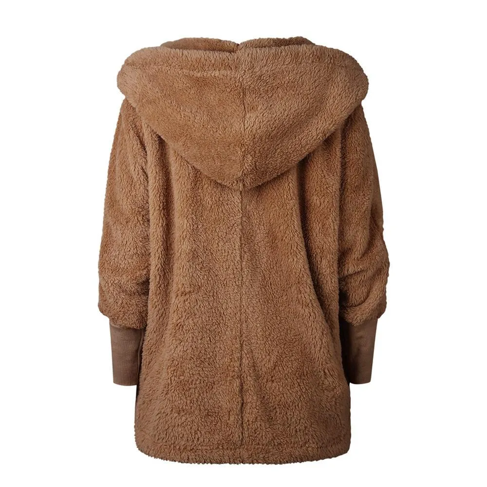 Womens Hooded Fluffy Winter Cardigan Overcoat