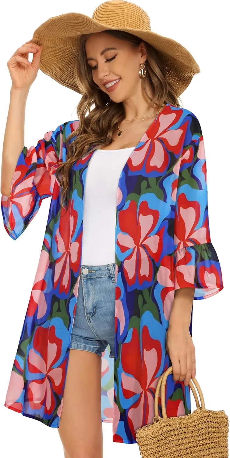 Women's Kimono Cardigans Floral Chiffon Loose Open Front Casual Summer Tops