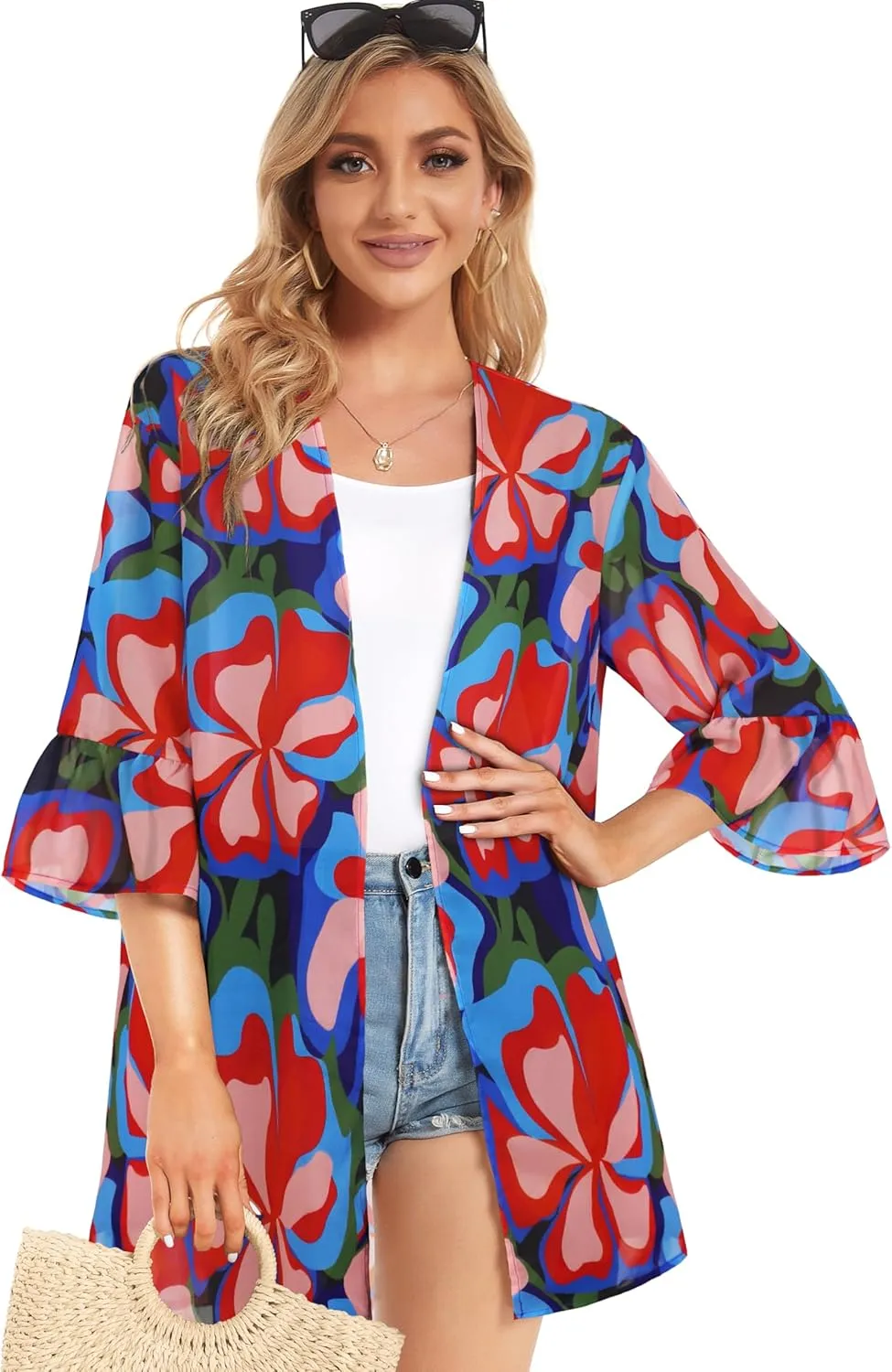 Women's Kimono Cardigans Floral Chiffon Loose Open Front Casual Summer Tops