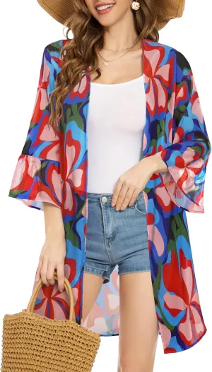 Women's Kimono Cardigans Floral Chiffon Loose Open Front Casual Summer Tops