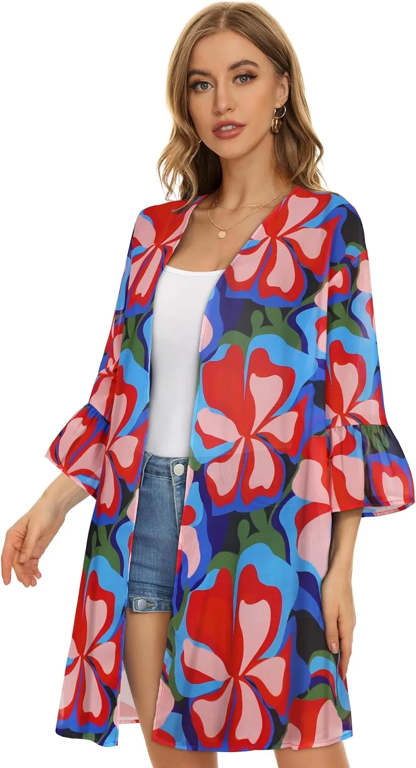 Women's Kimono Cardigans Floral Chiffon Loose Open Front Casual Summer Tops