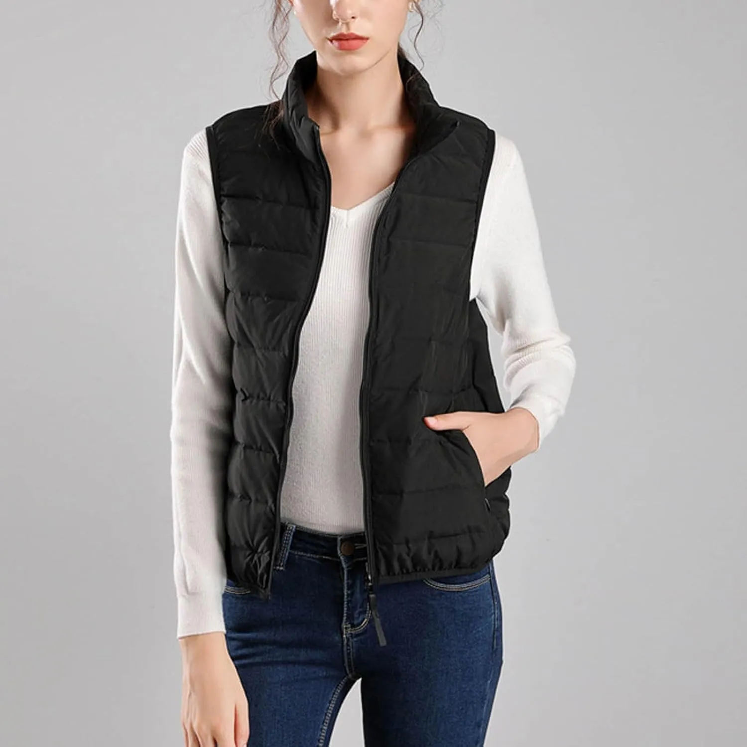 Women's Lightweight Quilted Softshell Vest Winter Windproof Puffer Vests Full Zip Up Sleeveless Down Coats Jackets