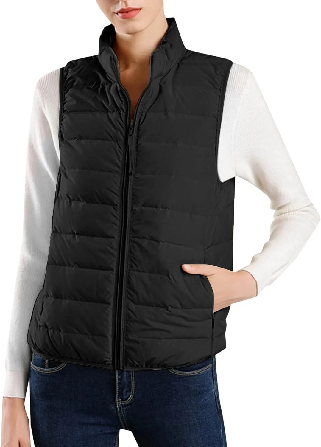Women's Lightweight Quilted Softshell Vest Winter Windproof Puffer Vests Full Zip Up Sleeveless Down Coats Jackets