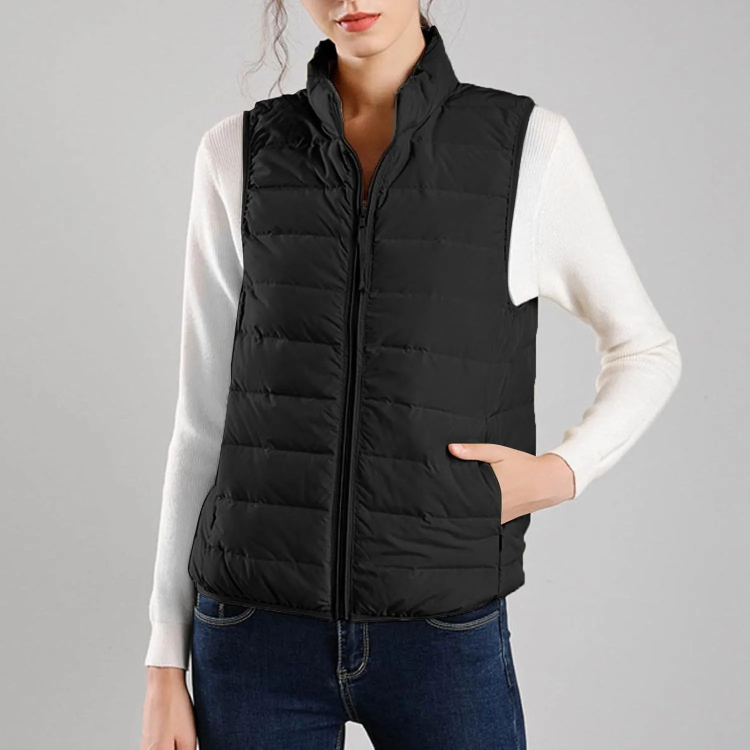 Women's Lightweight Quilted Softshell Vest Winter Windproof Puffer Vests Full Zip Up Sleeveless Down Coats Jackets