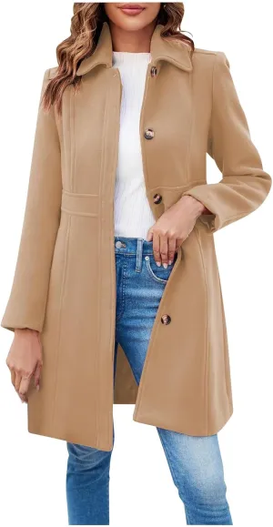 Womens Long Coat Women's Wool Peacoat Single Breasted Notched Collar Trench Coat Fall Winter Fashion Mid-Length Outerwear Long Jackets Camel X-Large