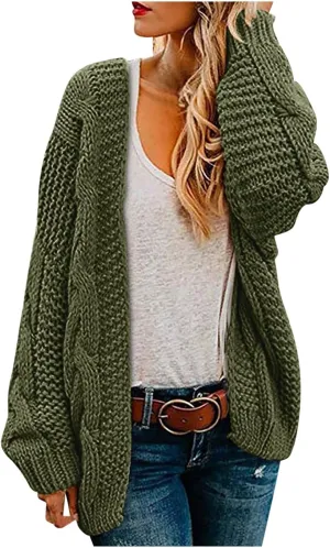 Womens Long Sleeve Chunky Knit Cardigan Open Front Cozy Oversized Sweater Coat Fashion Solid Loungewear with Pocket