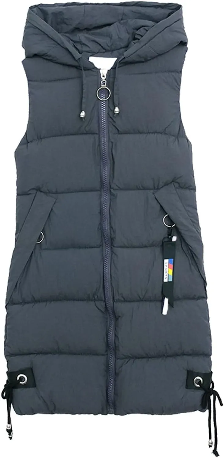 Women's Long Vest Sleeveless Lightweight Puffer Jacket Packable Hooded Down Coat Quilted Vest with Hood Winter