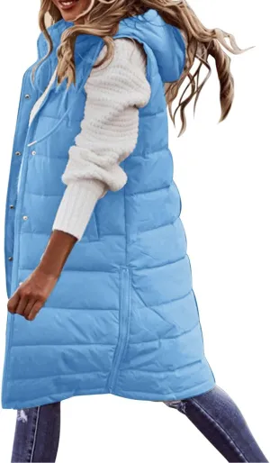 Womens Long Winter Coat with Hood Loose fit Sleeveless Warm Down Coat Quilted Vest Outdoor Puffer Coat with Pockets