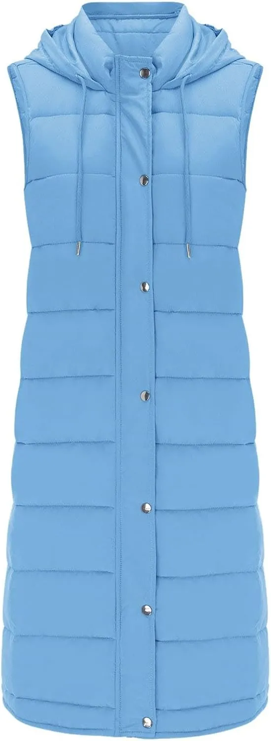 Womens Long Winter Coat with Hood Loose fit Sleeveless Warm Down Coat Quilted Vest Outdoor Puffer Coat with Pockets
