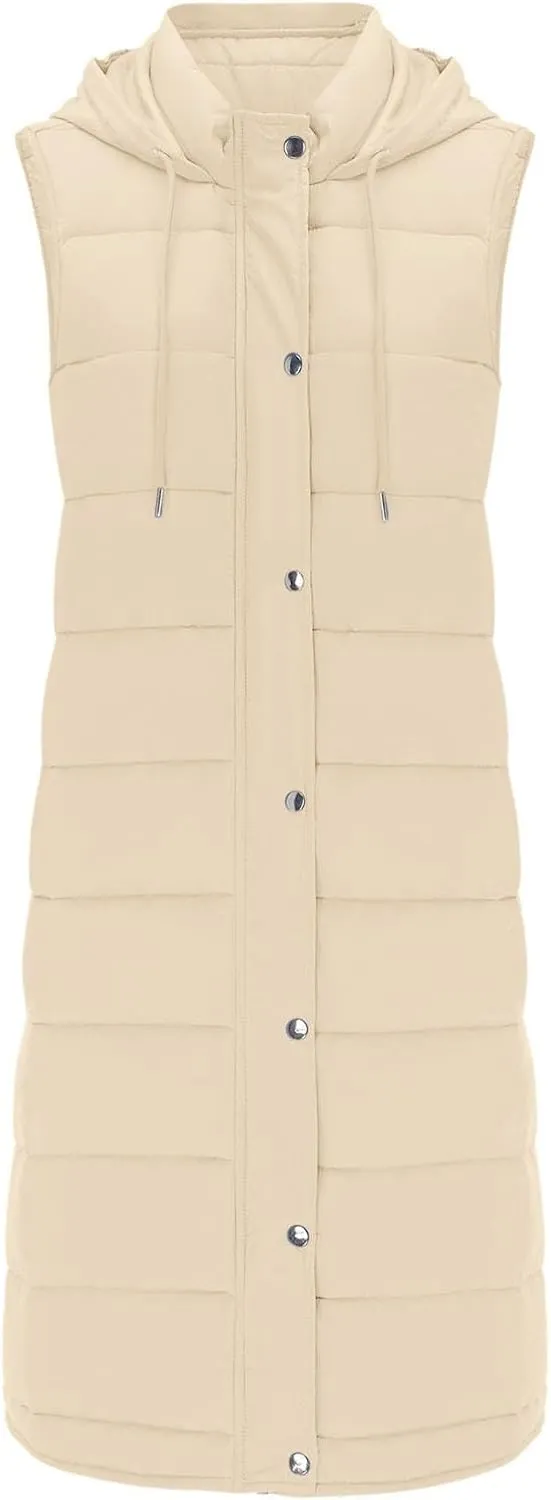 Womens Long Winter Coat with Hood Loose fit Sleeveless Warm Down Coat Quilted Vest Outdoor Puffer Coat with Pockets