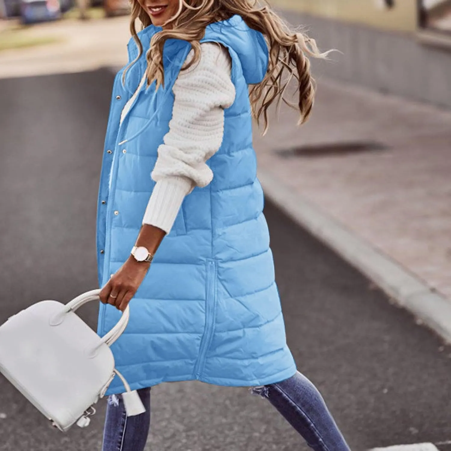 Womens Long Winter Coat with Hood Loose fit Sleeveless Warm Down Coat Quilted Vest Outdoor Puffer Coat with Pockets