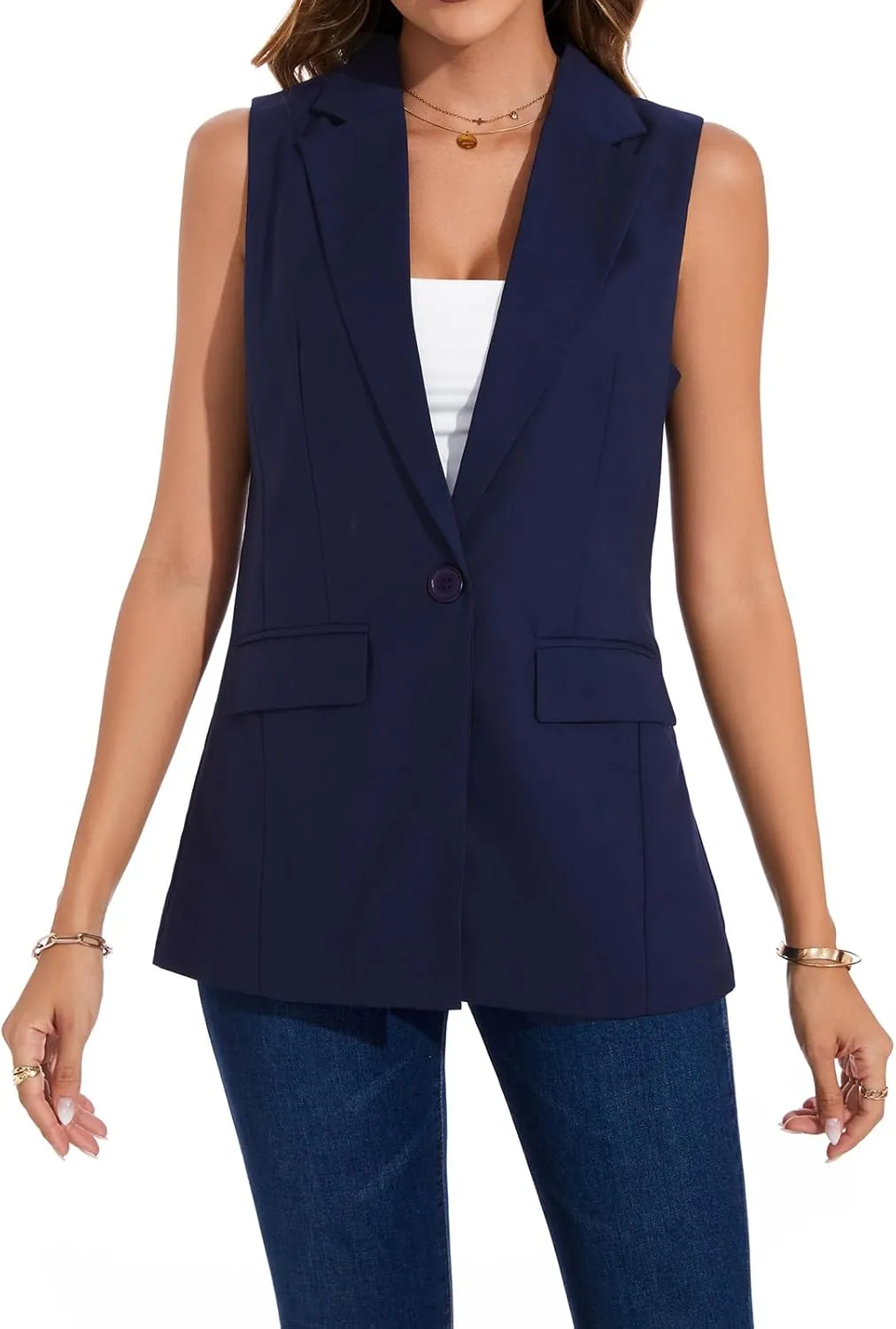 Women's Longline Sleeveless Blazer Vests Casual Lapel Collar Office Button Open Front Jacket Vest Pocket