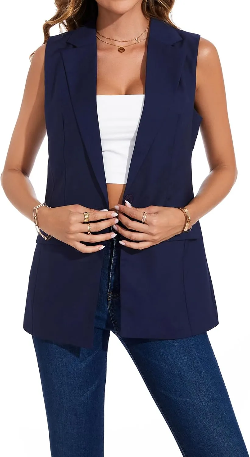 Women's Longline Sleeveless Blazer Vests Casual Lapel Collar Office Button Open Front Jacket Vest Pocket