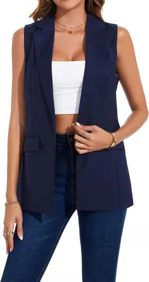 Women's Longline Sleeveless Blazer Vests Casual Lapel Collar Office Button Open Front Jacket Vest Pocket