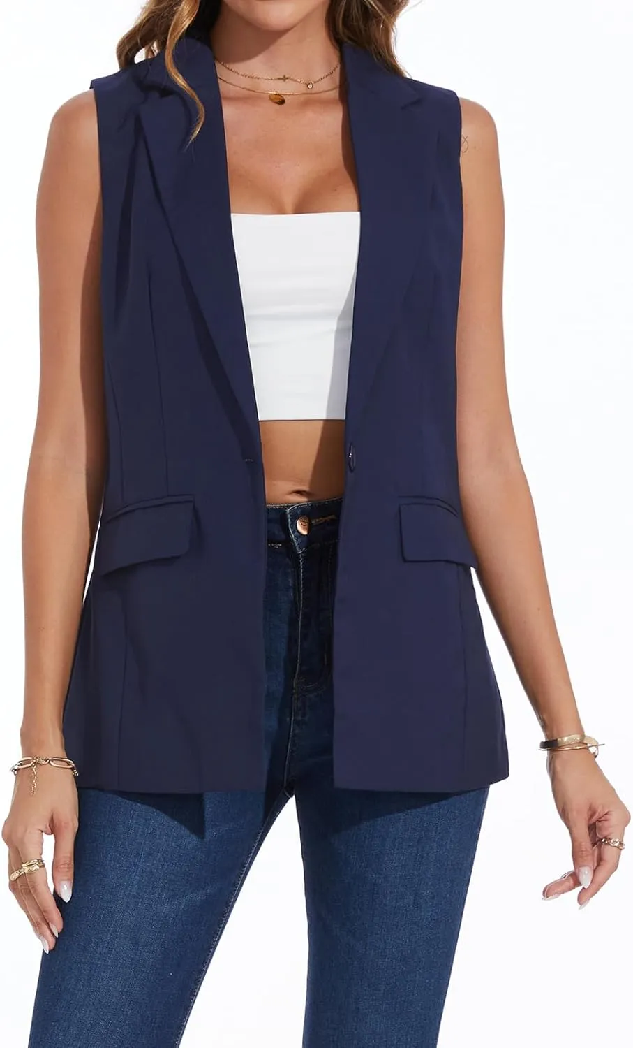 Women's Longline Sleeveless Blazer Vests Casual Lapel Collar Office Button Open Front Jacket Vest Pocket