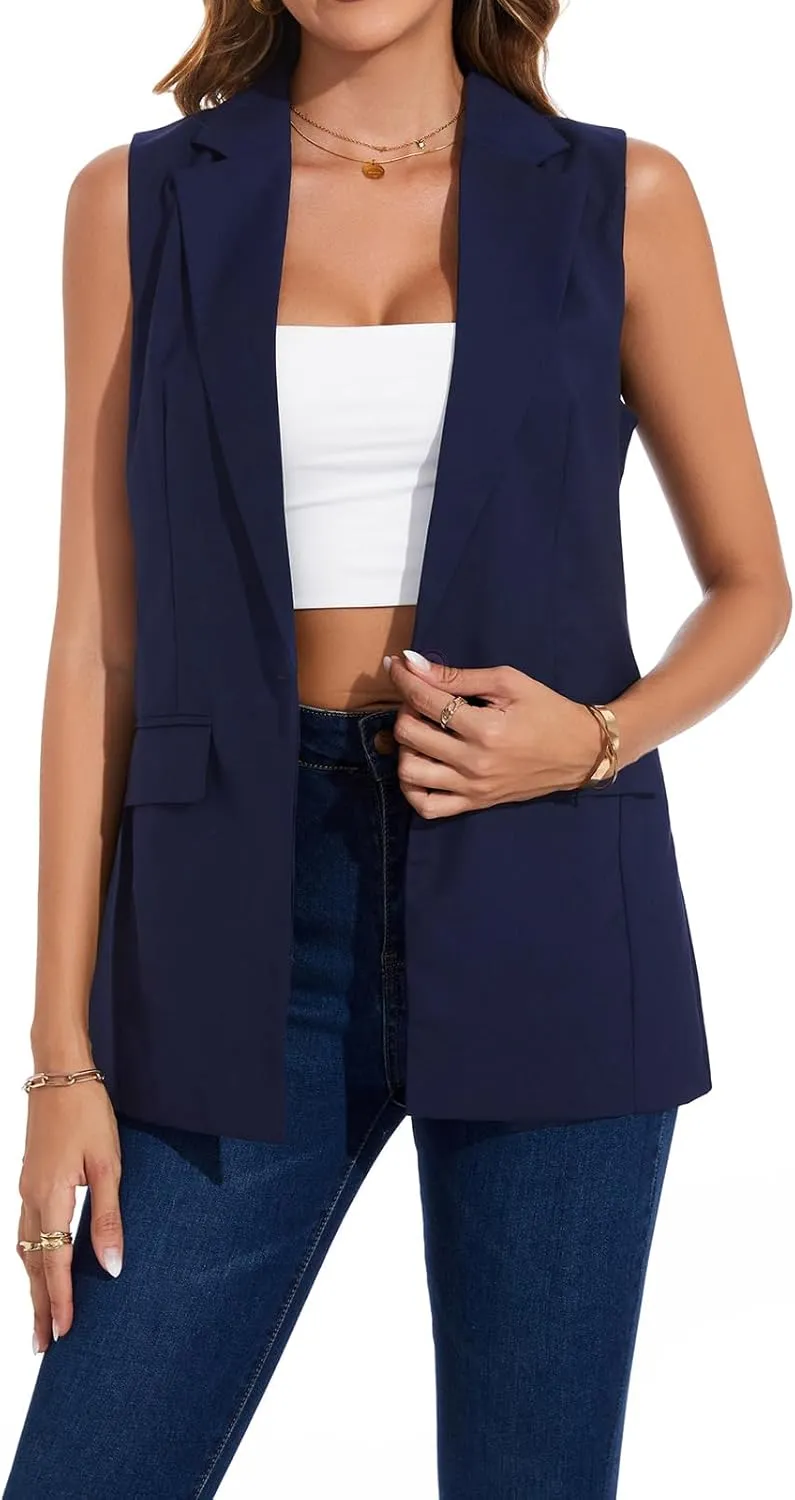 Women's Longline Sleeveless Blazer Vests Casual Lapel Collar Office Button Open Front Jacket Vest Pocket