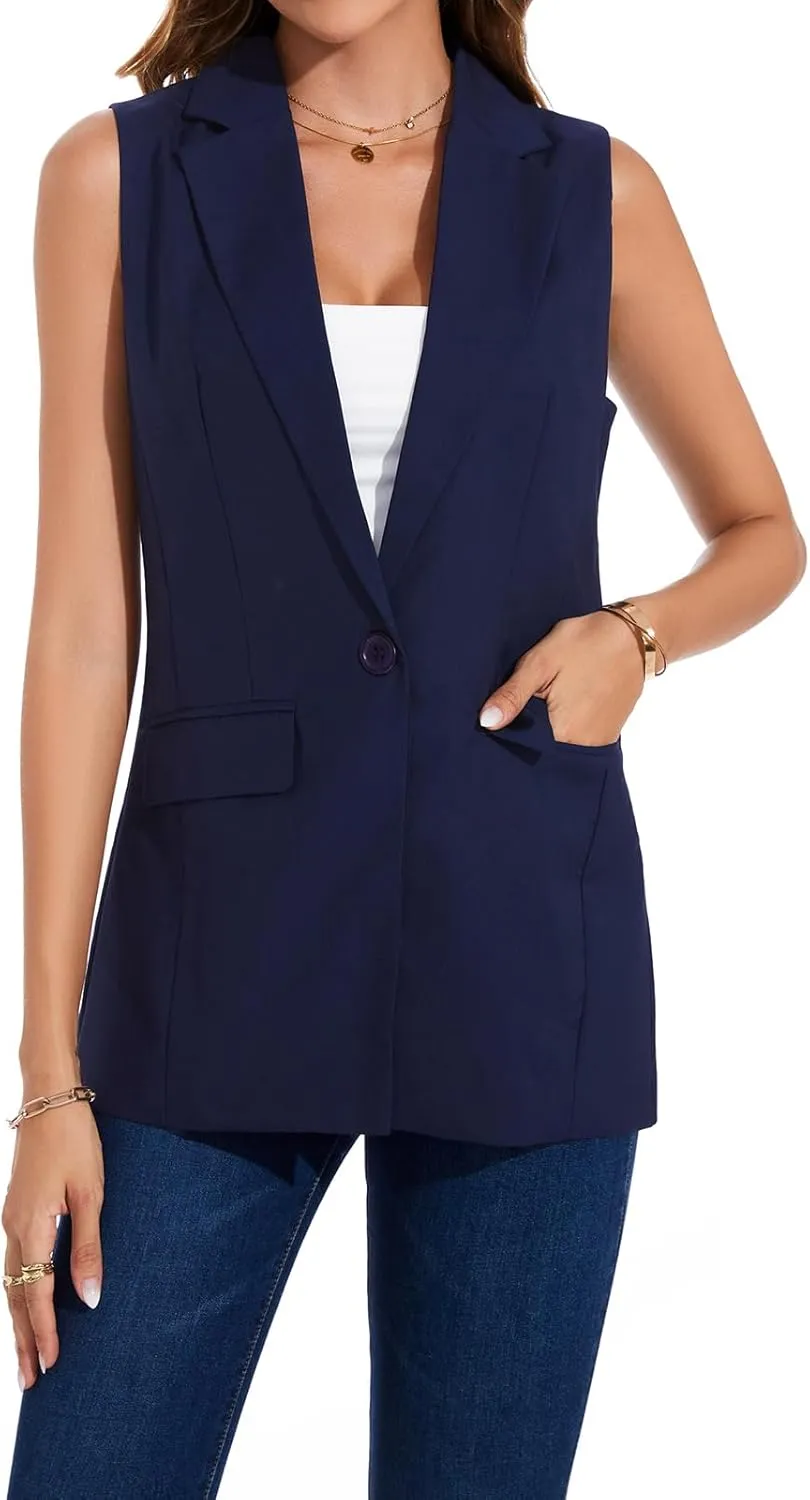 Women's Longline Sleeveless Blazer Vests Casual Lapel Collar Office Button Open Front Jacket Vest Pocket