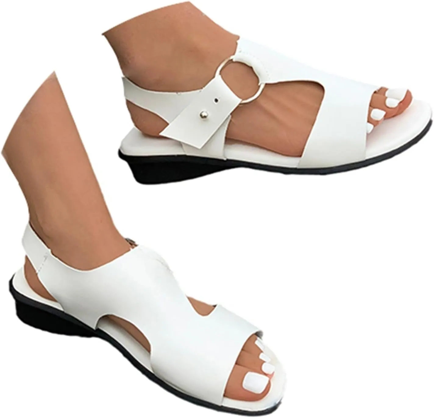 Women's Low Heel Beach Sandal Cutout Adjustable Buckle Sandals Summer Dressy Slip On Walking Shoes Open Toe Wide Width House Slides
