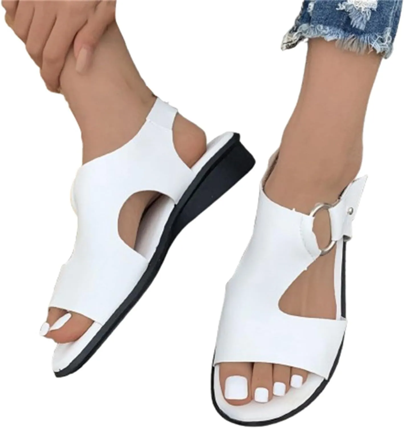 Women's Low Heel Beach Sandal Cutout Adjustable Buckle Sandals Summer Dressy Slip On Walking Shoes Open Toe Wide Width House Slides