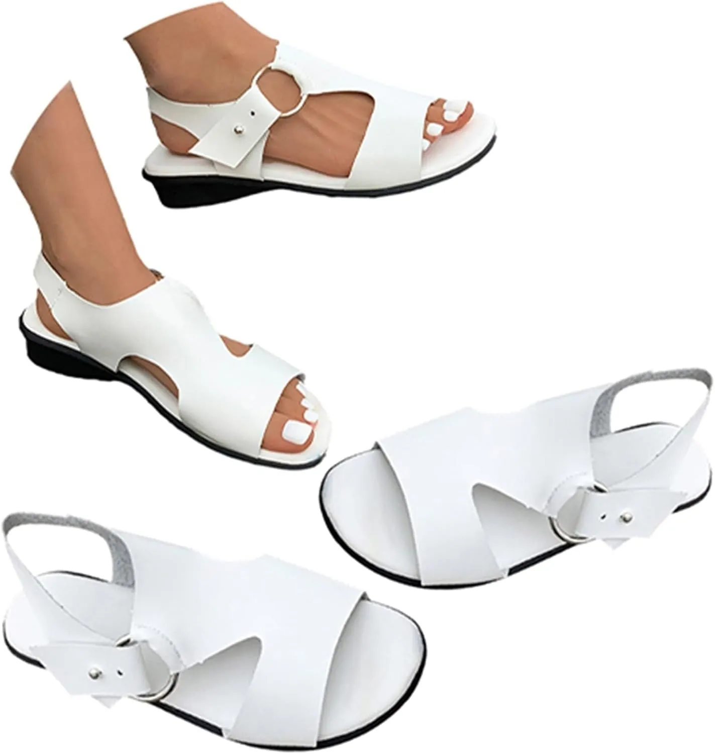 Women's Low Heel Beach Sandal Cutout Adjustable Buckle Sandals Summer Dressy Slip On Walking Shoes Open Toe Wide Width House Slides