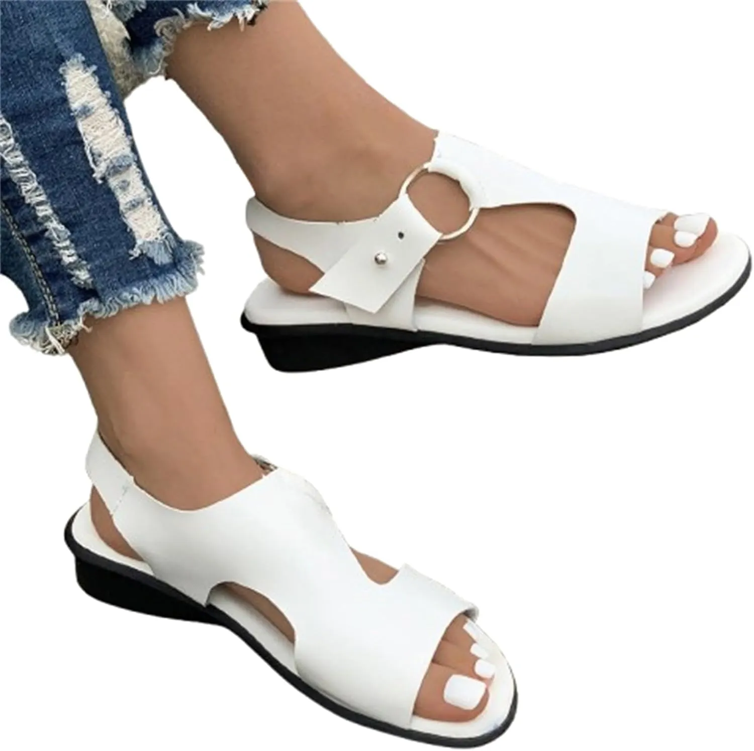 Women's Low Heel Beach Sandal Cutout Adjustable Buckle Sandals Summer Dressy Slip On Walking Shoes Open Toe Wide Width House Slides