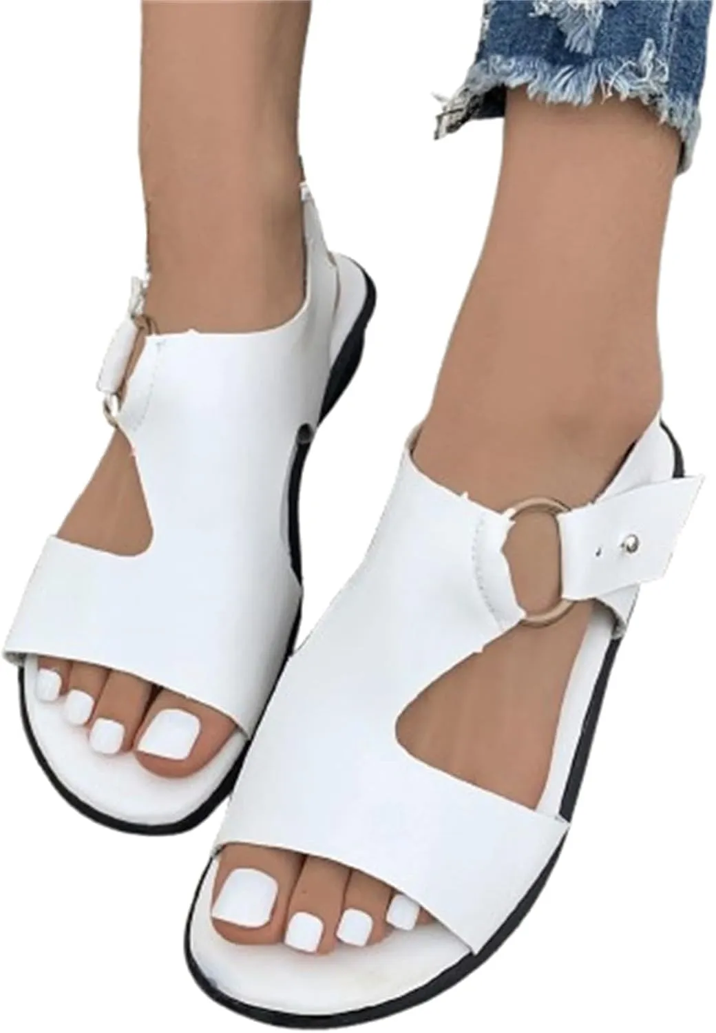 Women's Low Heel Beach Sandal Cutout Adjustable Buckle Sandals Summer Dressy Slip On Walking Shoes Open Toe Wide Width House Slides