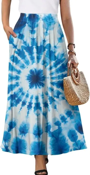 Womens Midi Long Length Skirts with Pockets, High Waist Swing Long Skirts Ultra-Soft Summer Fall Work Skirts