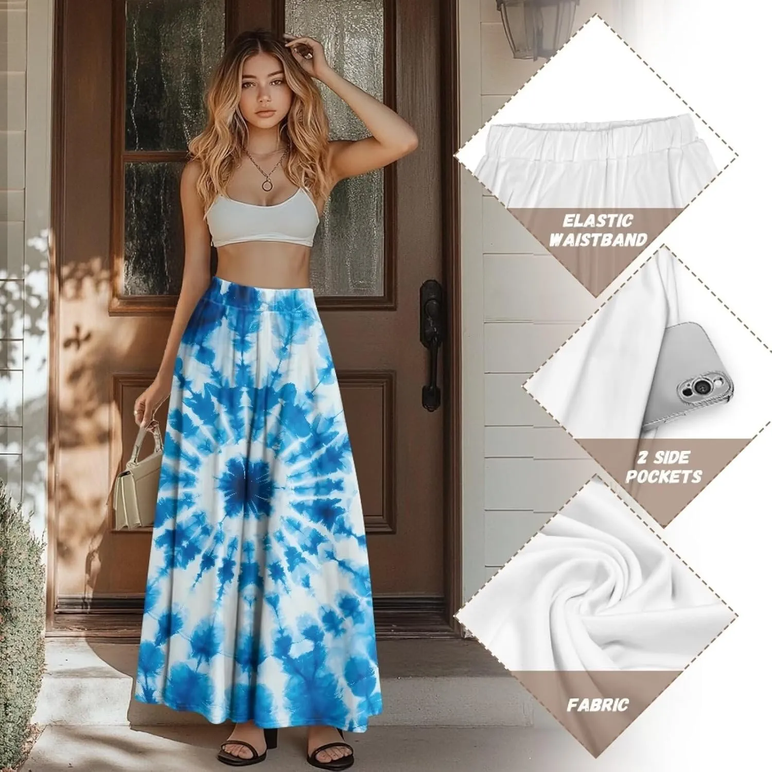 Womens Midi Long Length Skirts with Pockets, High Waist Swing Long Skirts Ultra-Soft Summer Fall Work Skirts