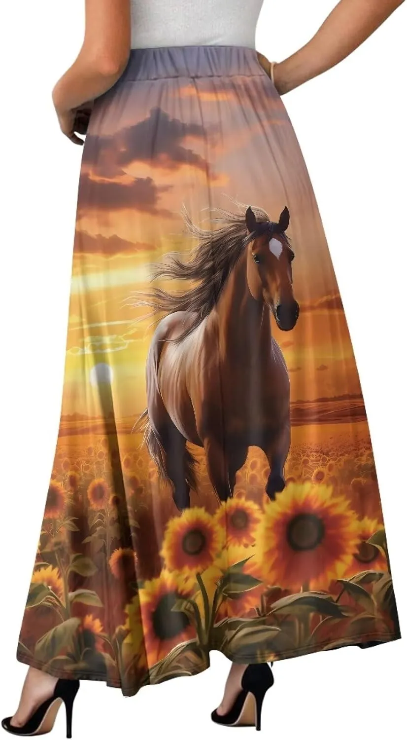 Womens Midi Long Length Skirts with Pockets, High Waist Swing Long Skirts Ultra-Soft Summer Fall Work Skirts