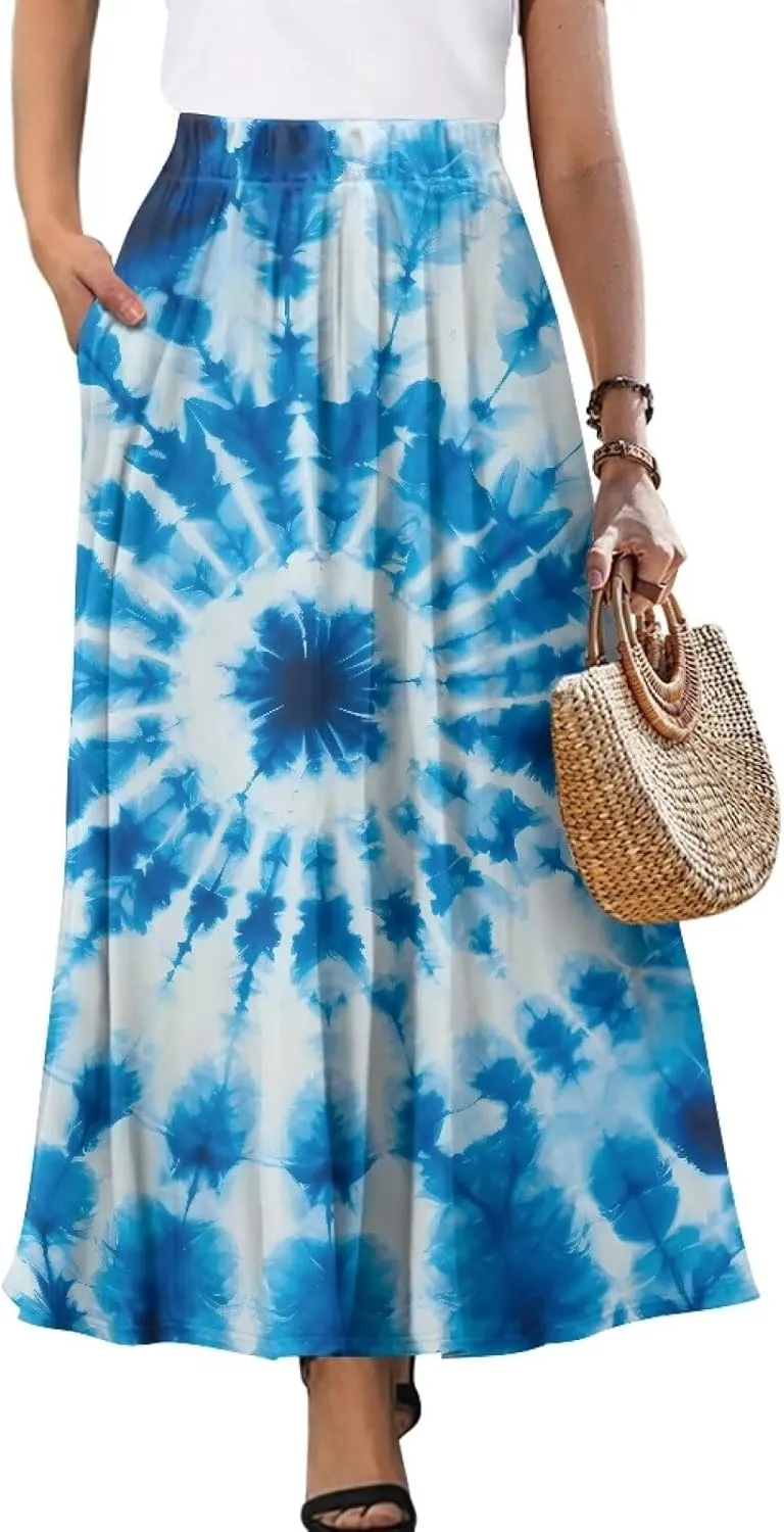 Womens Midi Long Length Skirts with Pockets, High Waist Swing Long Skirts Ultra-Soft Summer Fall Work Skirts
