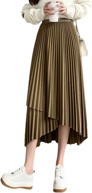 Women's Midi Pleated Skirt Asymmetrical Slim Elastic Waist Vintage A-Line Skirts
