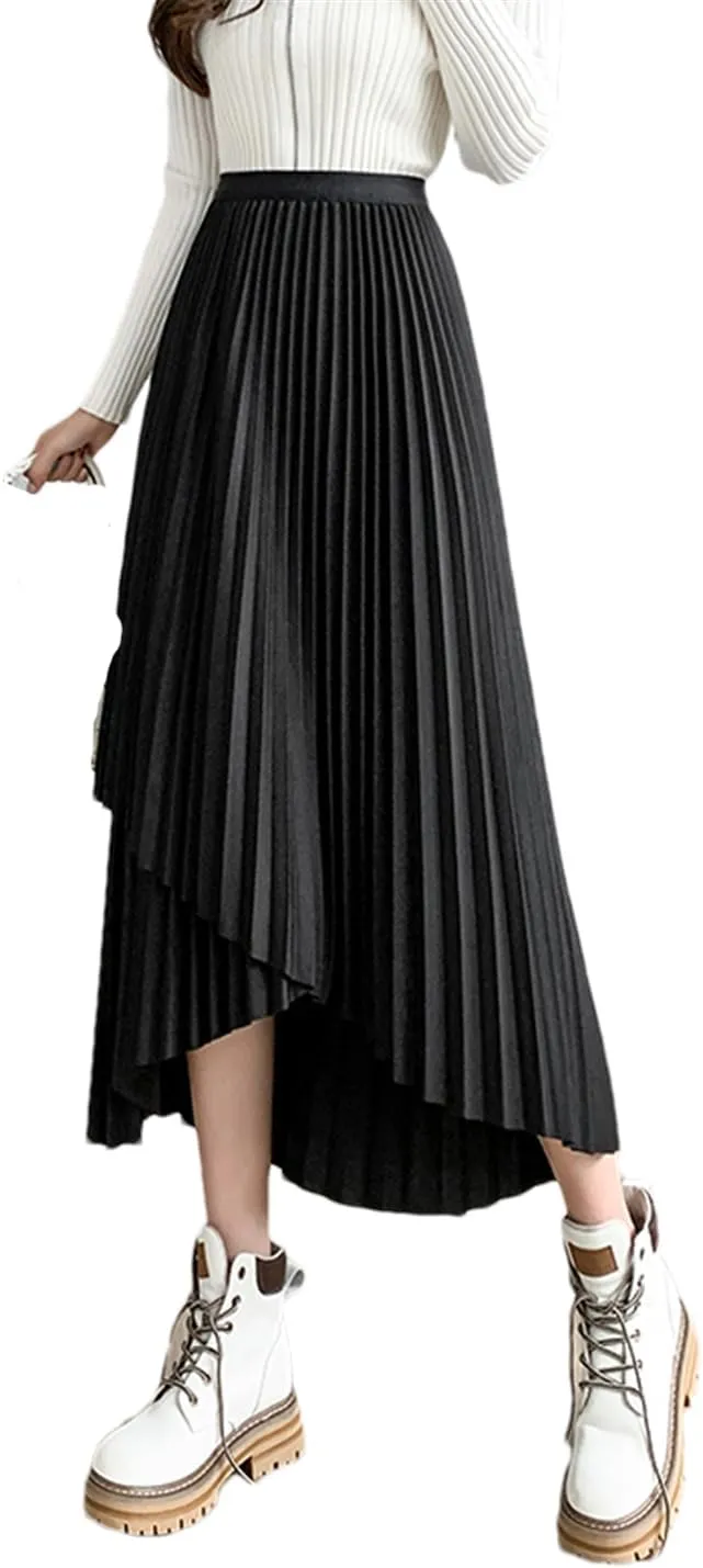 Women's Midi Pleated Skirt Asymmetrical Slim Elastic Waist Vintage A-Line Skirts