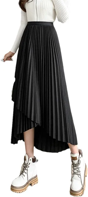 Women's Midi Pleated Skirt Asymmetrical Slim Elastic Waist Vintage A-Line Skirts