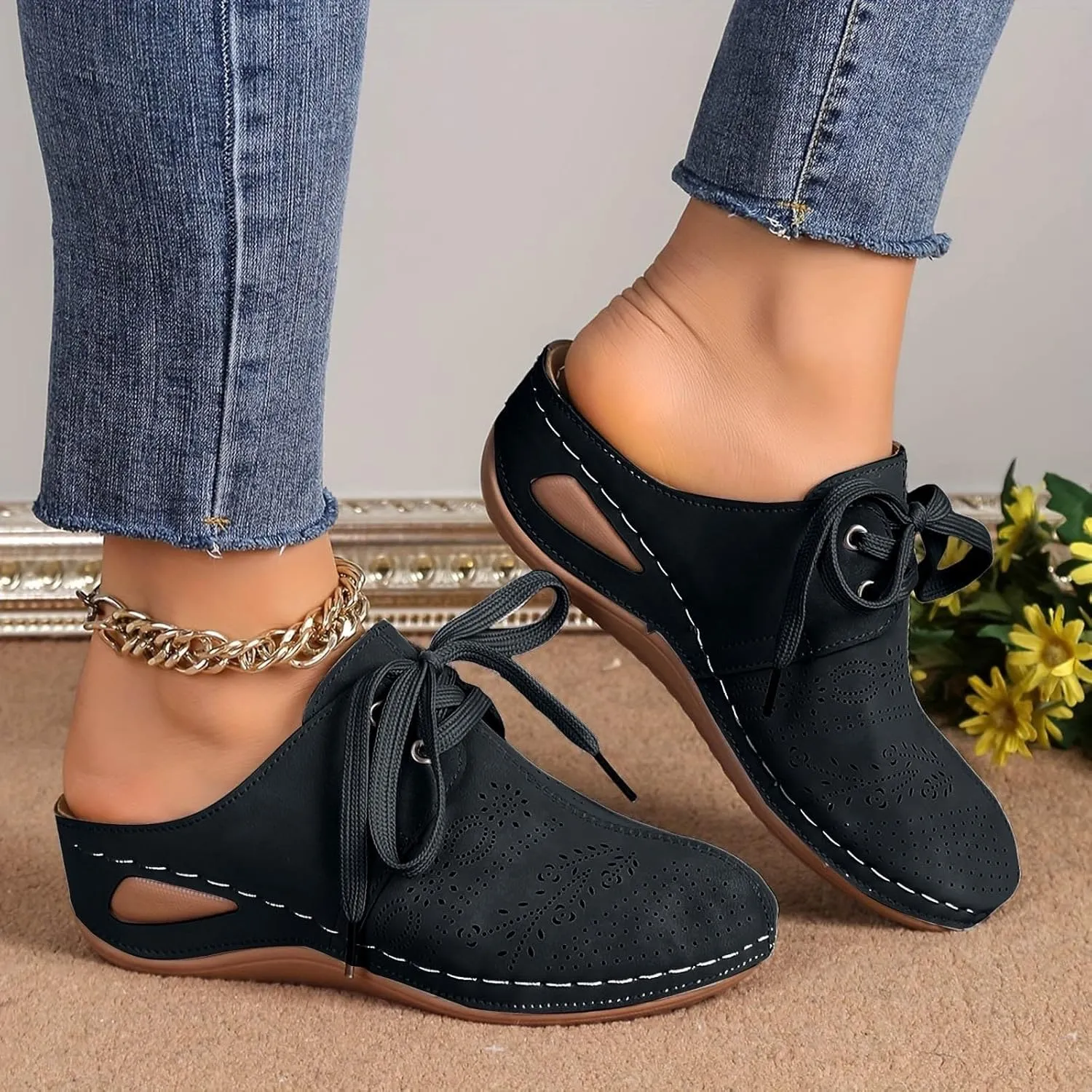 Women's Mules & Clogs Comfortable Arch Support Closed Toe Sandals Lace Up Backless Low Wedges Slip on Shoes Hollow Out Breathable Platform Sandals Slippers