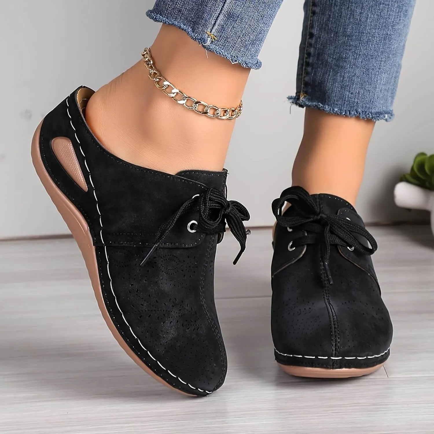 Women's Mules & Clogs Comfortable Arch Support Closed Toe Sandals Lace Up Backless Low Wedges Slip on Shoes Hollow Out Breathable Platform Sandals Slippers